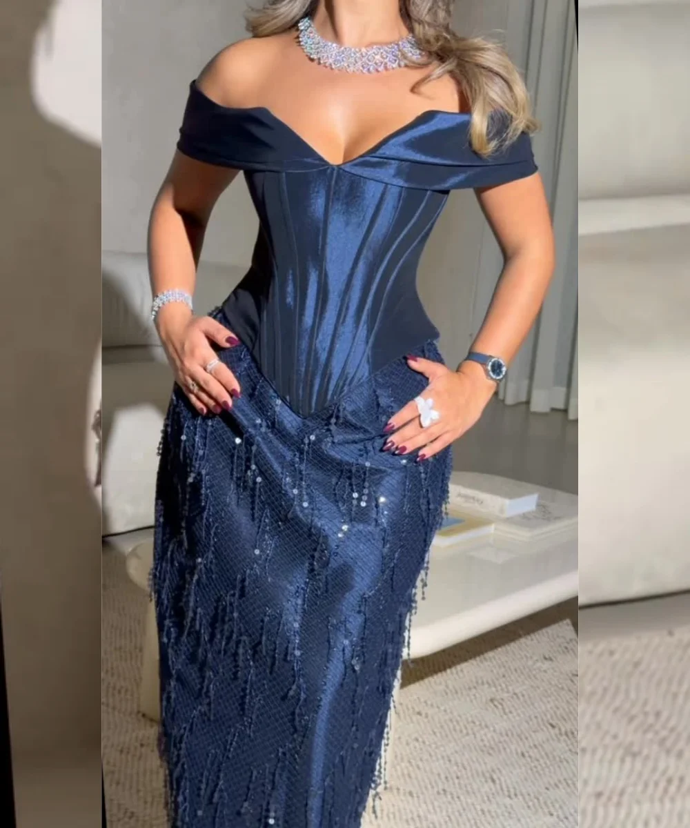 맞춤형 포멀 샤르무즈 스팽글 플리츠 스트레이트 오프숄더 롱 프롬 드레스 맞춤형 행사용 중국 스타일