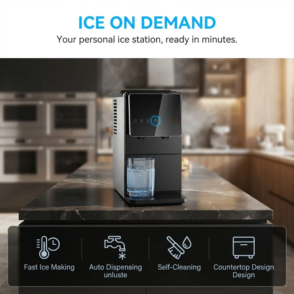 Countertop Ice Maker Machine, Automatic Self-Cleaning Portable Ice Maker with Stainless Steel, Fast Ice Making, LED Touch Panel & Automatic Dispensing for Home Kitchen Office Bar
