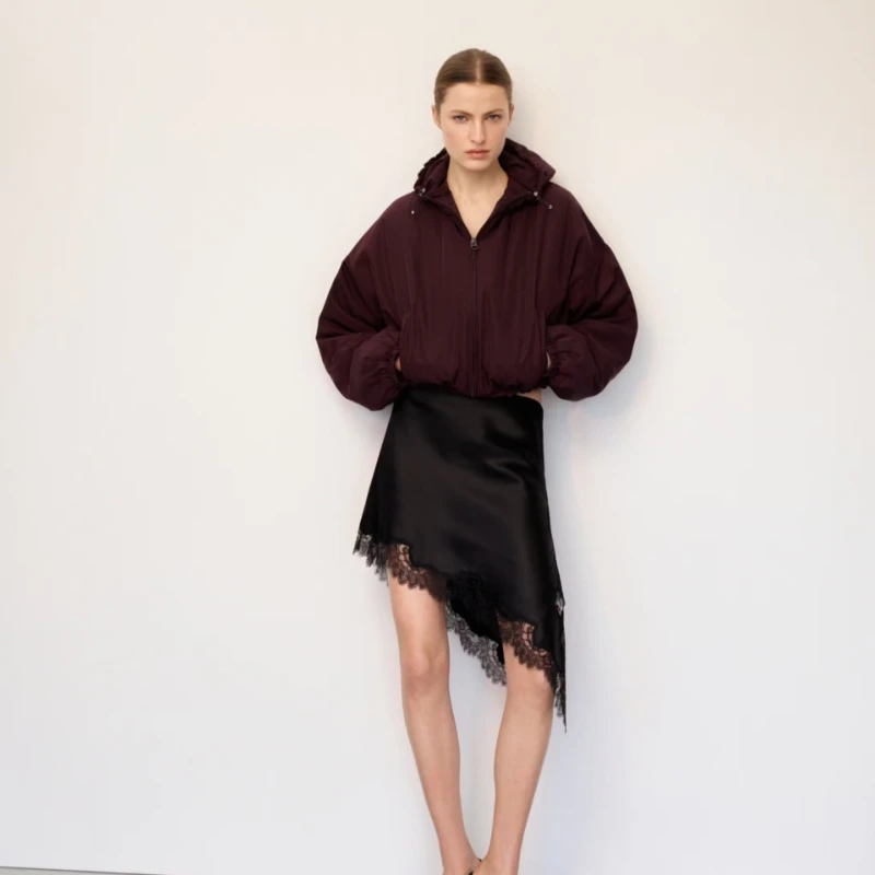 Autumn Cross Border Popular Wine Red Short Hooded Jacket Drawstring Drawstring Loose Shoulder Zipper Windproof Jacket for Women