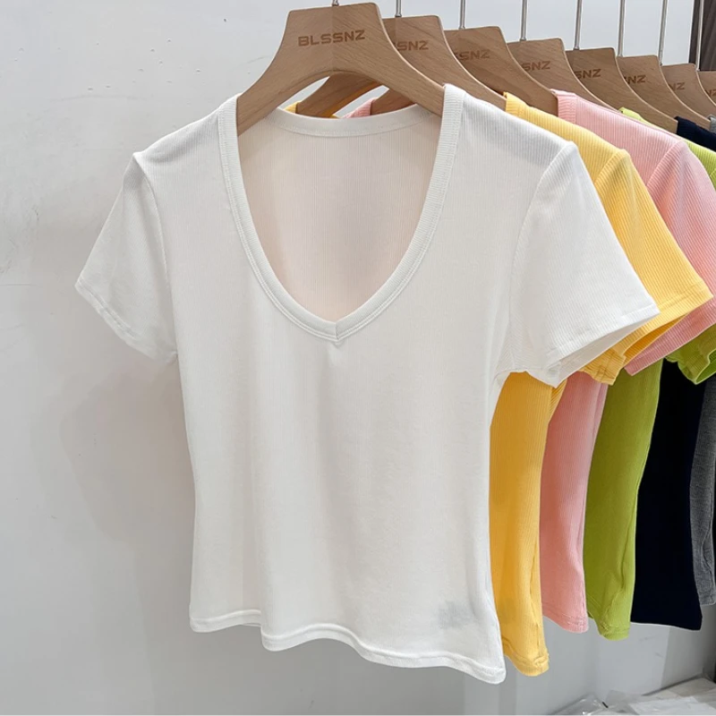 2025 Zomer Sexy Basic Crop Top Vrouwen Geribbelde Korte Mouw T-shirts Casual V-hals Solid Slim Fit Tee Vrouwelijke Y2K Tops kleding