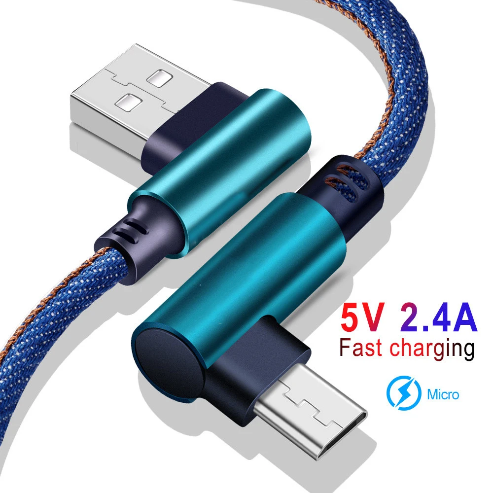 Micro USB Type C Cable 2.4A Fast Charger USB Cord 90 Degree Elbow Nylon Braided Data Cable For Samsung/Sony/Xiaomi Android Phone