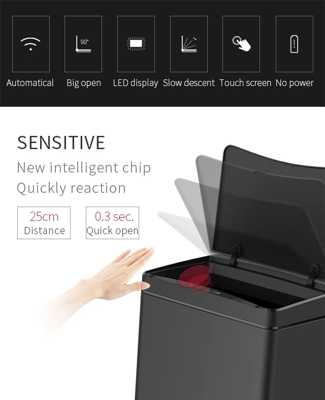 Commercial Auto-sensor Dustbin Black Anti-fingerprint Function Smart Waste Bin 50L Sensor Trash Can Modern Stylish