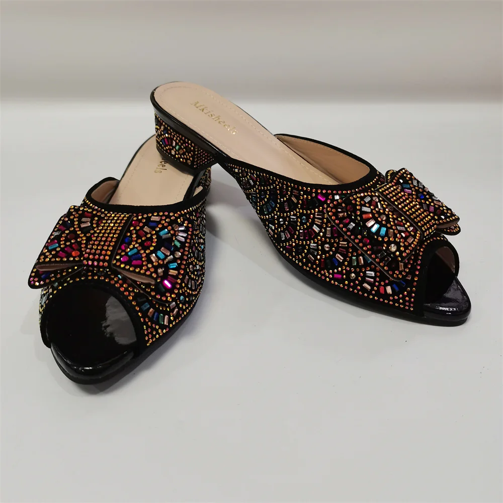 Multi Italian Design Women Rhinestones Shoes Nigerian Party Rhinestones Flat Pumps Sandals Lady Pointy -Toe Sandals F622-3