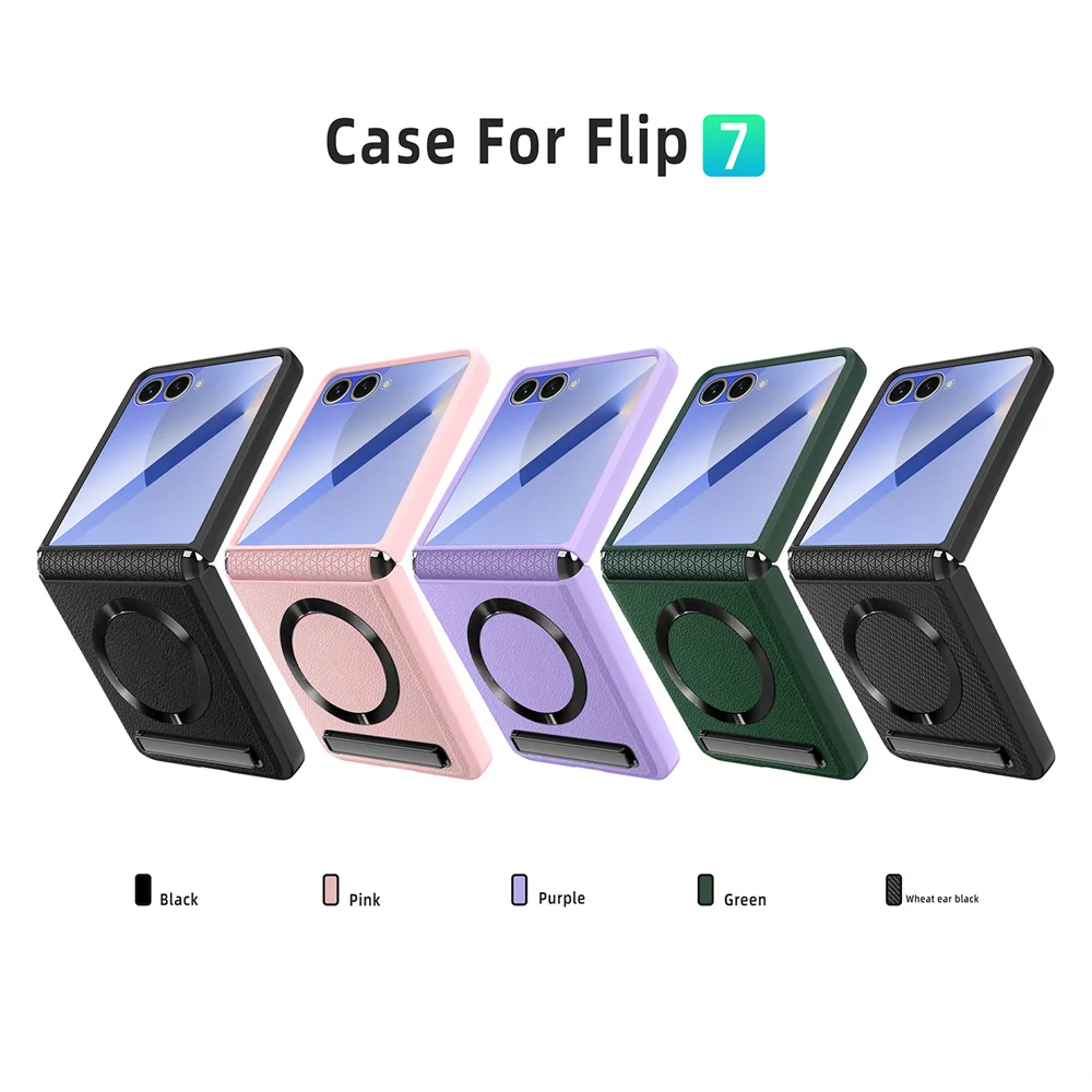 Magnetyczne etui z bezprzewodowym ładowaniem i funkcją podpórki do telefonu Samsung Galaxy Z Flip 8, Flip 7, 6, 5, z ochronną folią na szkło i skórzaną obudową. — zdjęcie produktu 6