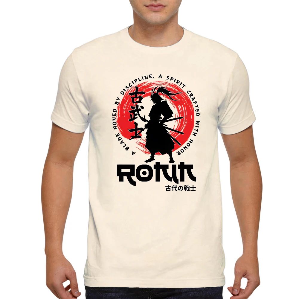 New Summer Mens 100% Cotton T Shirt Ronin Samurai Japanese Warrior Retro Brush Print Breathable Short Sleeve Daily Wear
