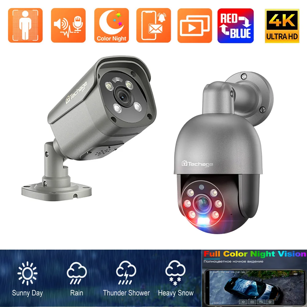 Telecamera IP 4K 8MP 5MP con Allarme Luminoso Rosso-Blu, Rilevamento Umano, Visione Notturna, PoE, Telecamera di Sicurezza AI Intelligente, Kit di Protezione Video CCTV