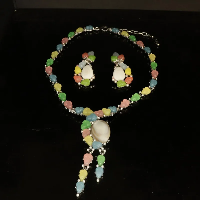

Fresh and Exquisite Pave Resin Rhinestone-filled Colorful Necklace Set Sweet Candy Color Ear Clip Y Shaped Choker Accessories