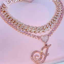 Hip Hop Iced Out Pink A-Z Initial Cursive Letter Crystal Necklace For Women Bling Heart Rhinestone Chain Necklace Choker Jewelry