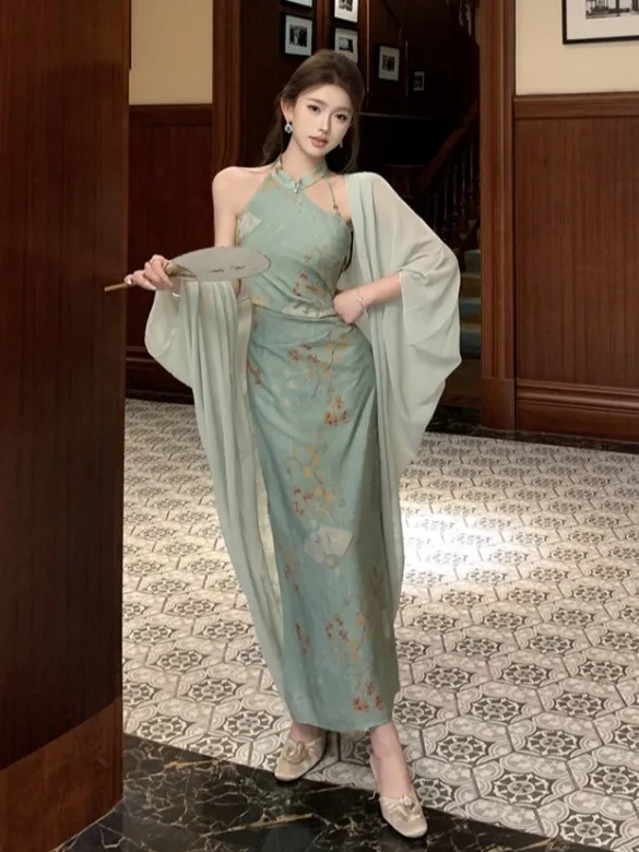 

New Chinese Style Long Printed Qipao Dress Women's Summer New Style Two-Piece Set Neck Hanging Improved Flag Robe Dress