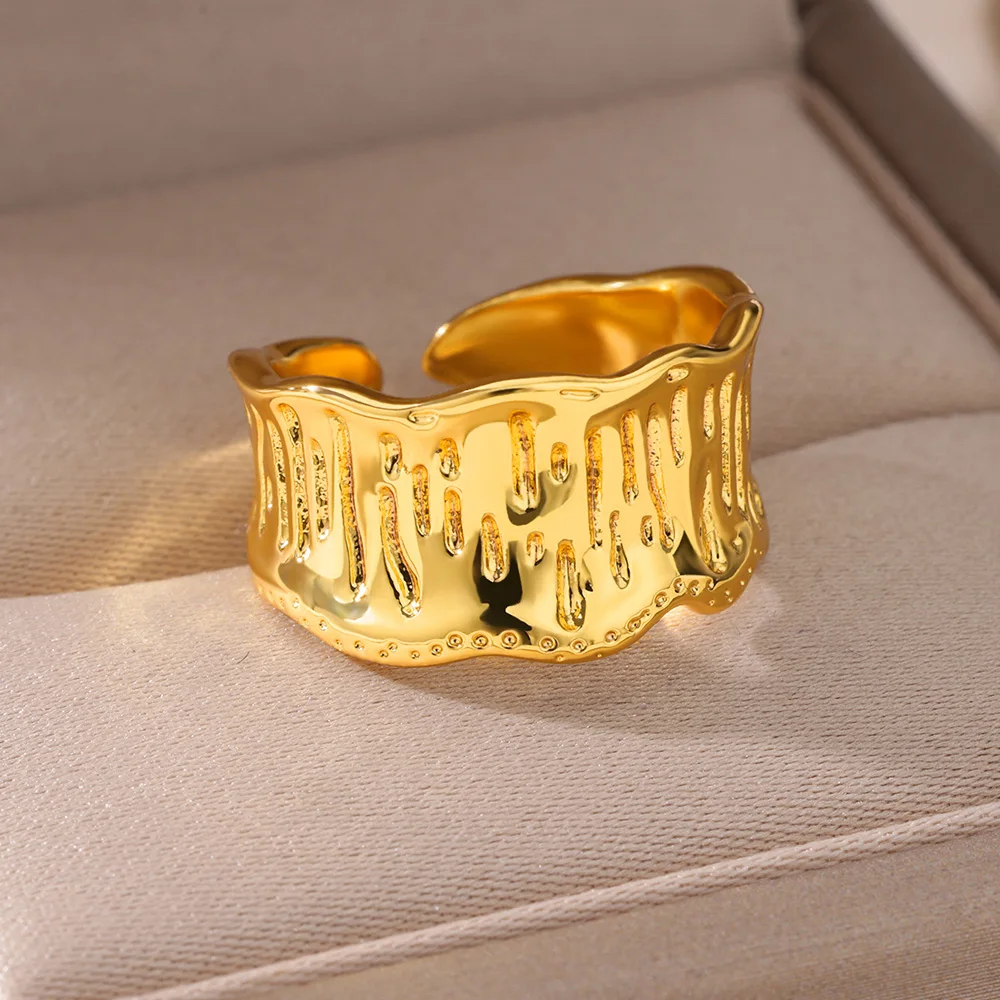 Irregular Hammered Textured Rings For Women Gold Color Stainless Steel Adjustable Ring Wedding Christmas Jewelry Gift