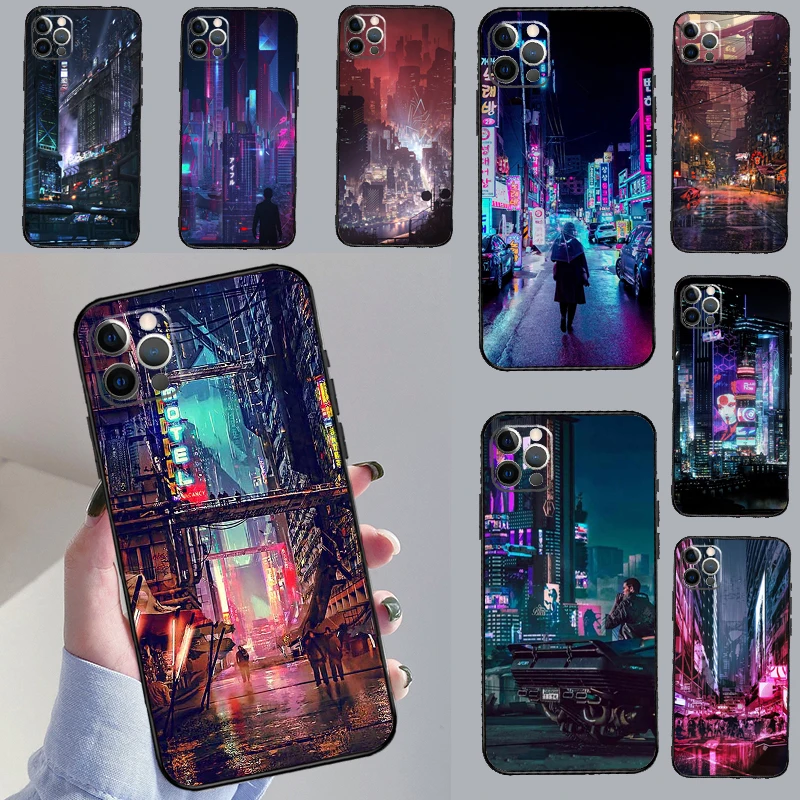 Cyberpunks City Night Case For iPhone 12 11 13 14 15 Pro Max Mini XR X XS MAX 5S 7 8 Plus SE 2022 SE 2020 Cover