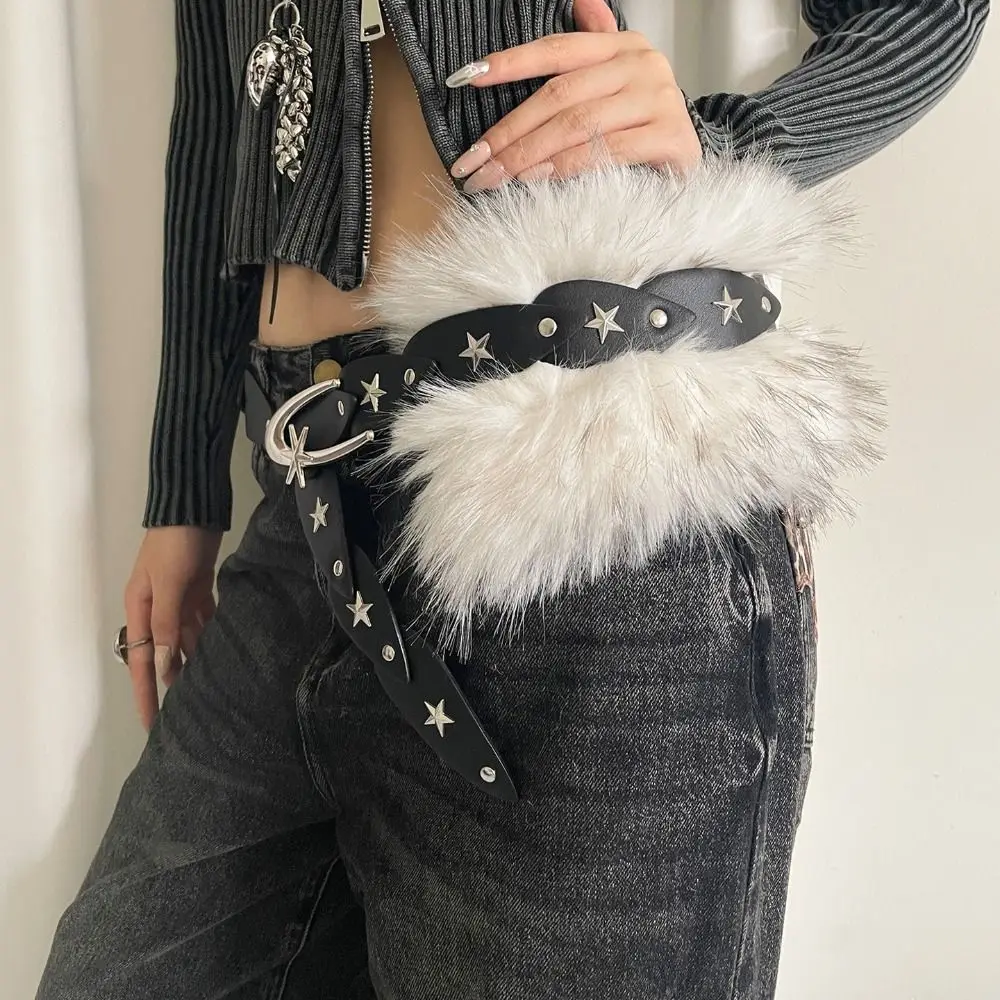 

Retro Trendy Design Faux Fur Belts Y2K Punk Star Rivet Belt All-match Waist Belts Women Fashion