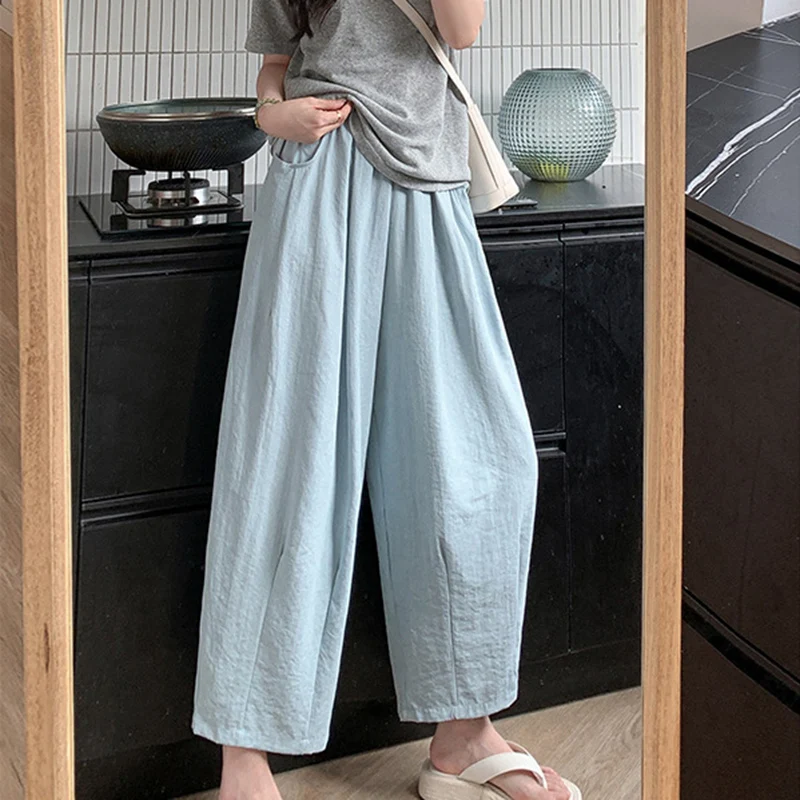 

Summer Women Sweet Colorful Ice Silk Pants Lady Baggy Versatile Elastic Straight Leg Trousers Female Wide Leg High Waisted Pants