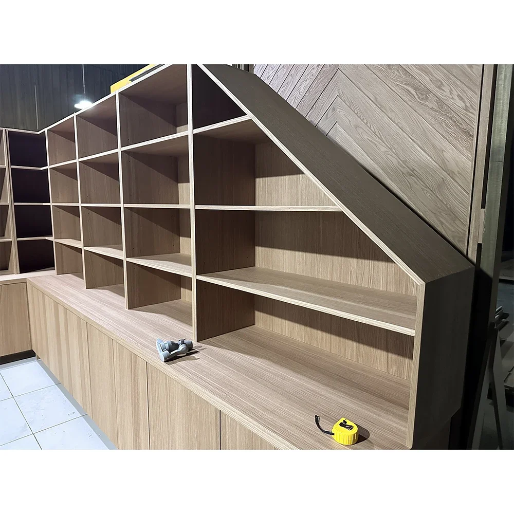 Large Corner White Oak Veneer Wooden Built-in Bookcases Wall Solid Wood Shelves Liabrary for Houses Room Furniture Cabinets