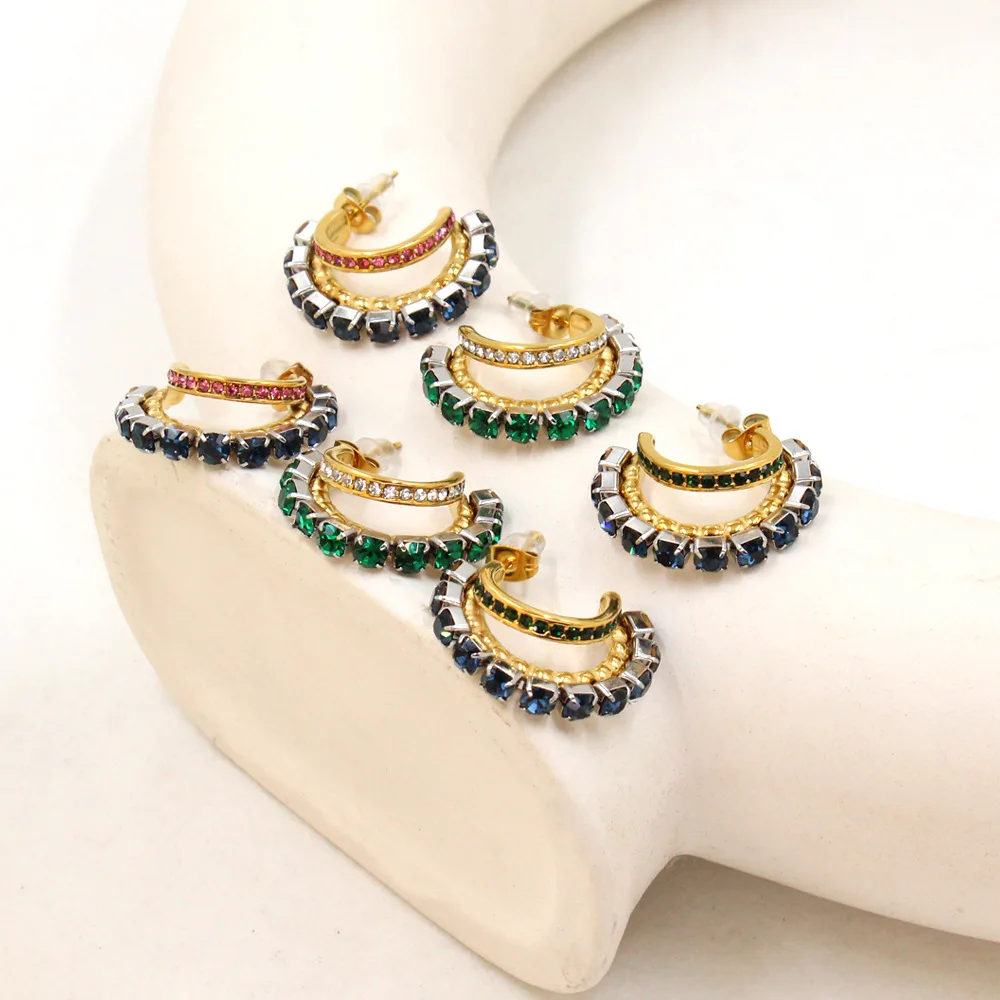DIY accessories Light luxury zircon-inlaid geometric double-layer earrings, fashion temperament design sense, titanium steel ear