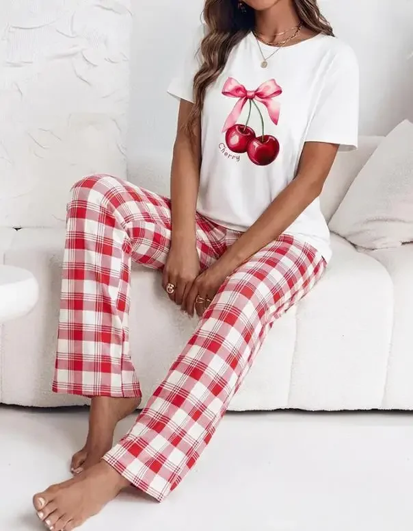 

Women's 2 Pieces Outfit Cherry & Bowknot Print Short Sleeve Top & Plaid Print Elastic Waist Pants Sets Women Casual Pajamas Set