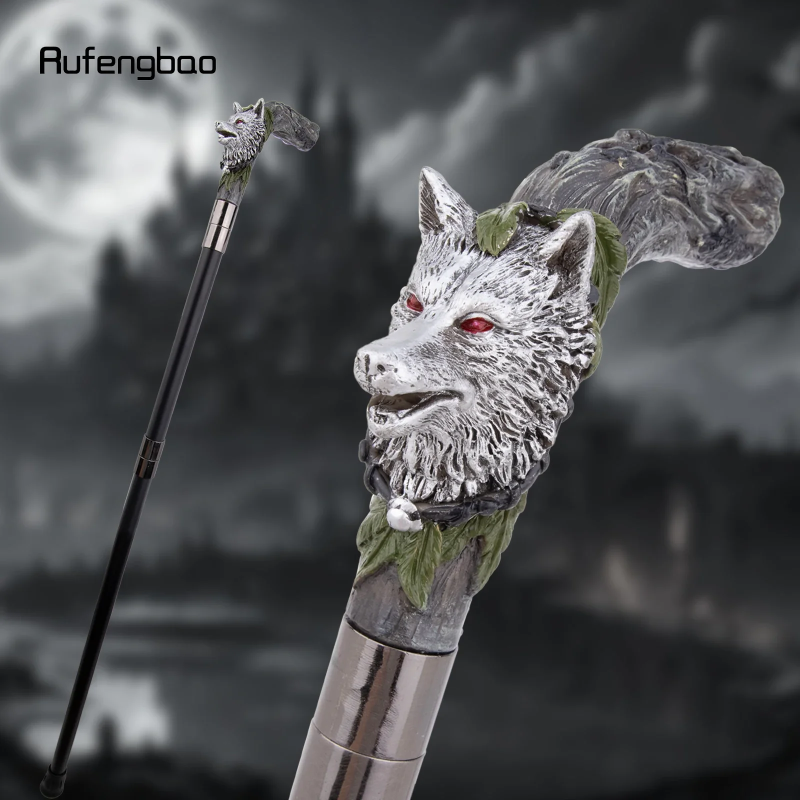 Silver Resin Wolf Head Tree Root Walking Cane Stick for Cosplay Everyday Use with Deluxe Box 93cm Performance Stage Cane
