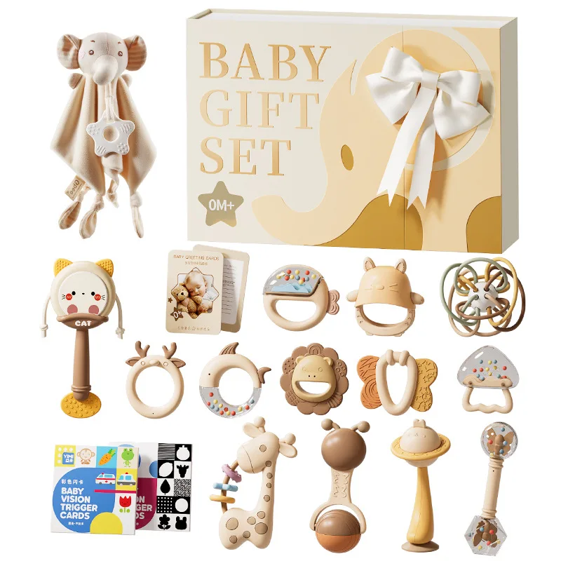 Regalo di benvenuto per luna piena, campanello per suoneria per libro con nastro per dentizione per neonato, set di confezioni regalo, lussuoso giocattolo regalo