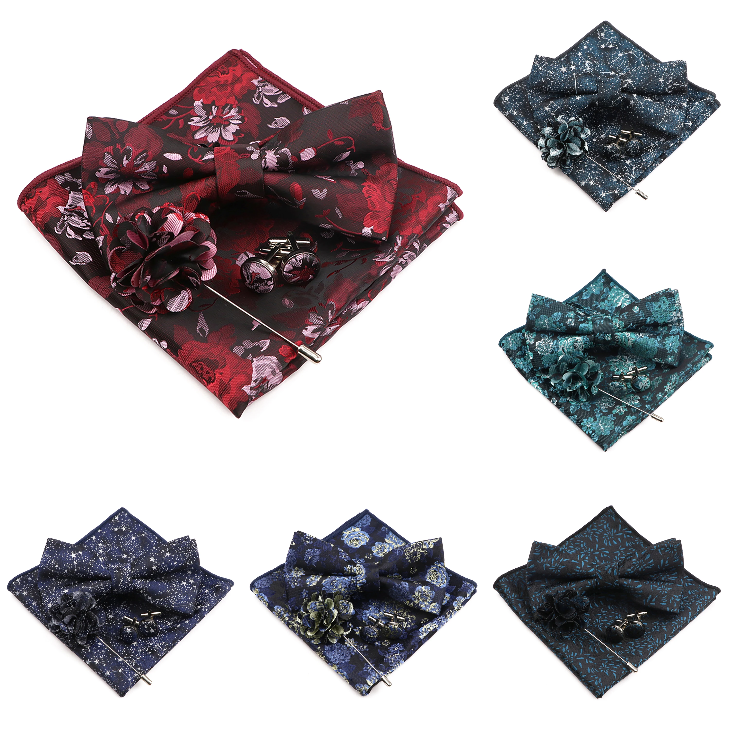 

29 Color Mens Bowtie Hanky Brooch Cufflinks Set Blue Red Floral Butterfly Lapel Pin Luxury Suit Wedding Party Dinner Accessory