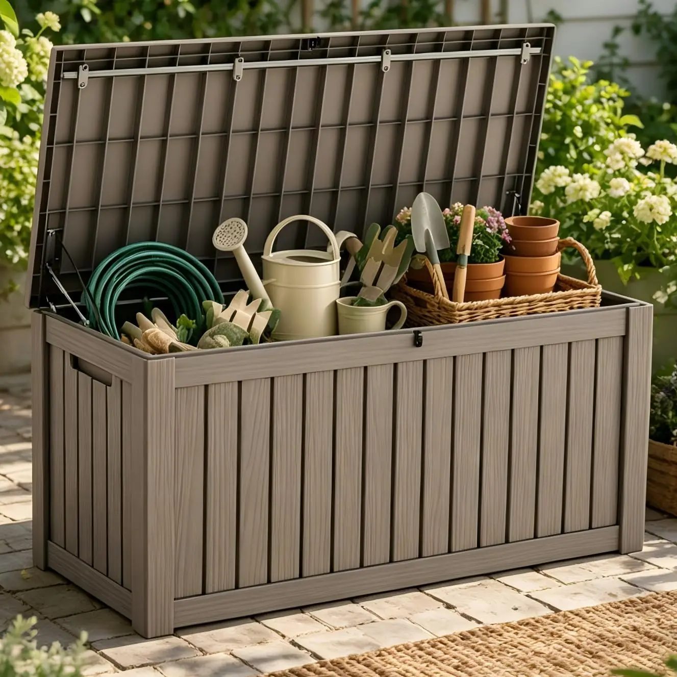 Outdoor Resin Storage Box 209 Gallon Capacity, All Weather Outside Storage Bin With Lockable Lid And Hydraulic Lift, Large Patio Deck Bench Organizer For Garden Pool Yard, Gray Brown