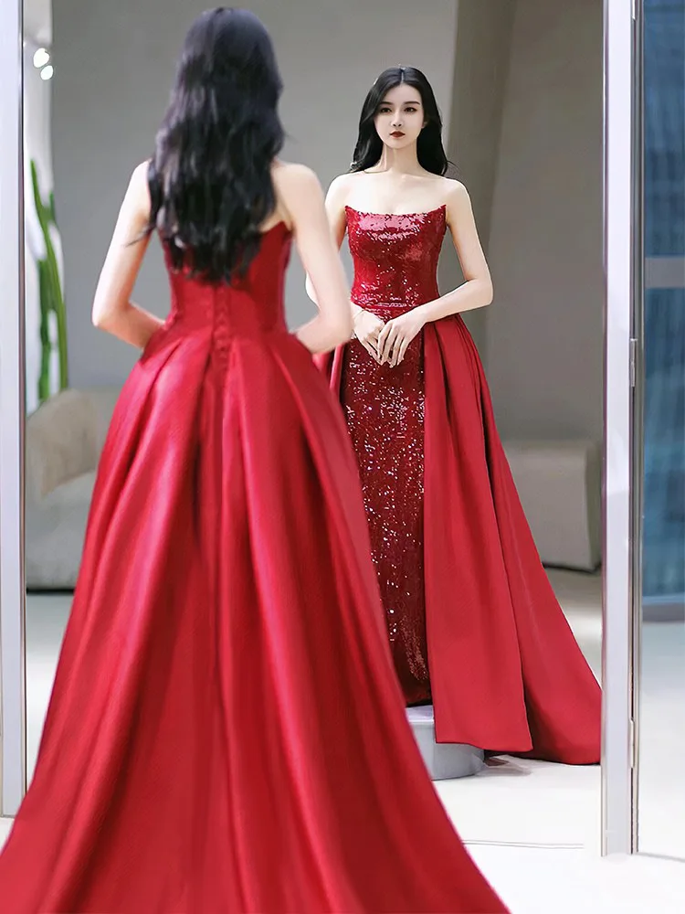 Red Senior Shinny Evening Dresse Strapless Off Shoulder Mermaid Tail Splicing Floor Split Sexy Formal Party Bridesmaid Ball Gown