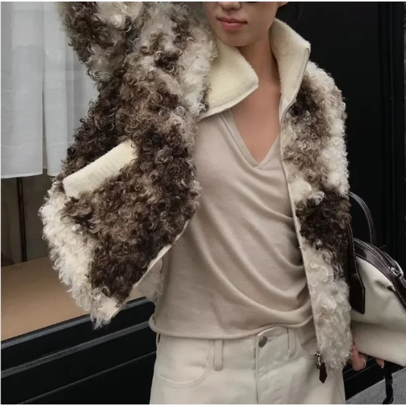 Autumn and Winter Lazy Wind Roll Fluff Mixed Color Fashion Threaded Cuffs Zipper High Neck Warm Short Coat Top Women Temperament