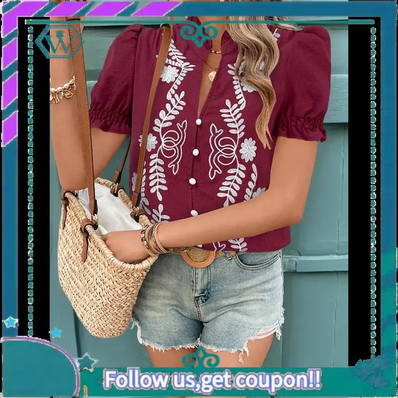 

A09P женские летние топы 2025, повседневные рубашки с рюшами и v-образным вырезом, рубашки на пуговицах с короткими рукавами, блузки с вышивкой