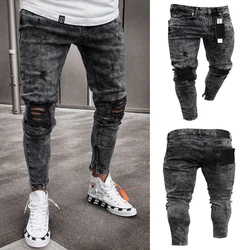 Biker Jeans Men's Distressed Stretch Ripped Biker Jeans Men Hip Hop Slim Fit Holes Punk Jeans Zipper Pure Color Denim Pants