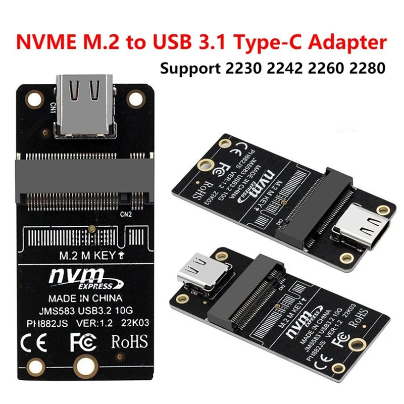 1 PCS M2 NVME HDD Enclosure Interposer Board JMS583 Chip 10Gbps Support 2230 2242 2260 SSD Black