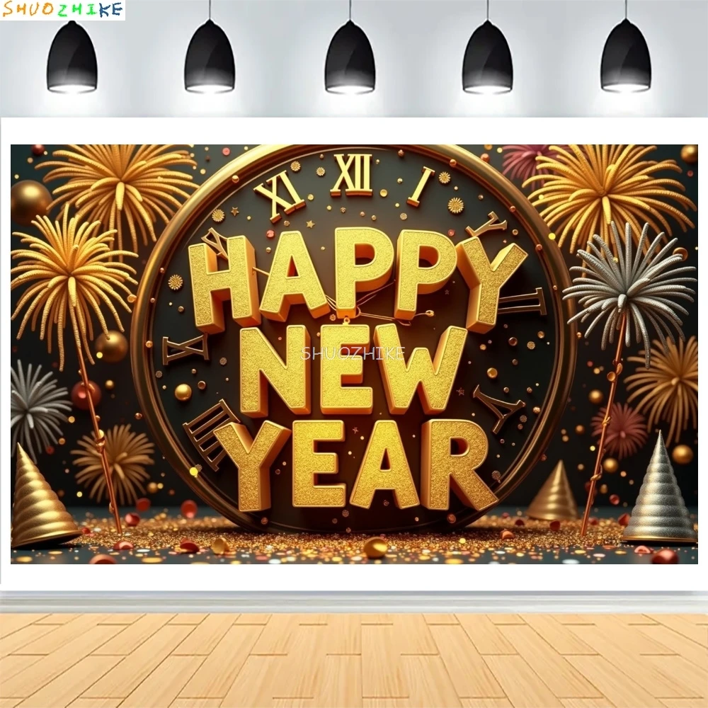 

2026 Gold Happy New Year Background Glitter Clock Champagne Lights Balloons Christmas Family Party Photography Backdrop NY-19