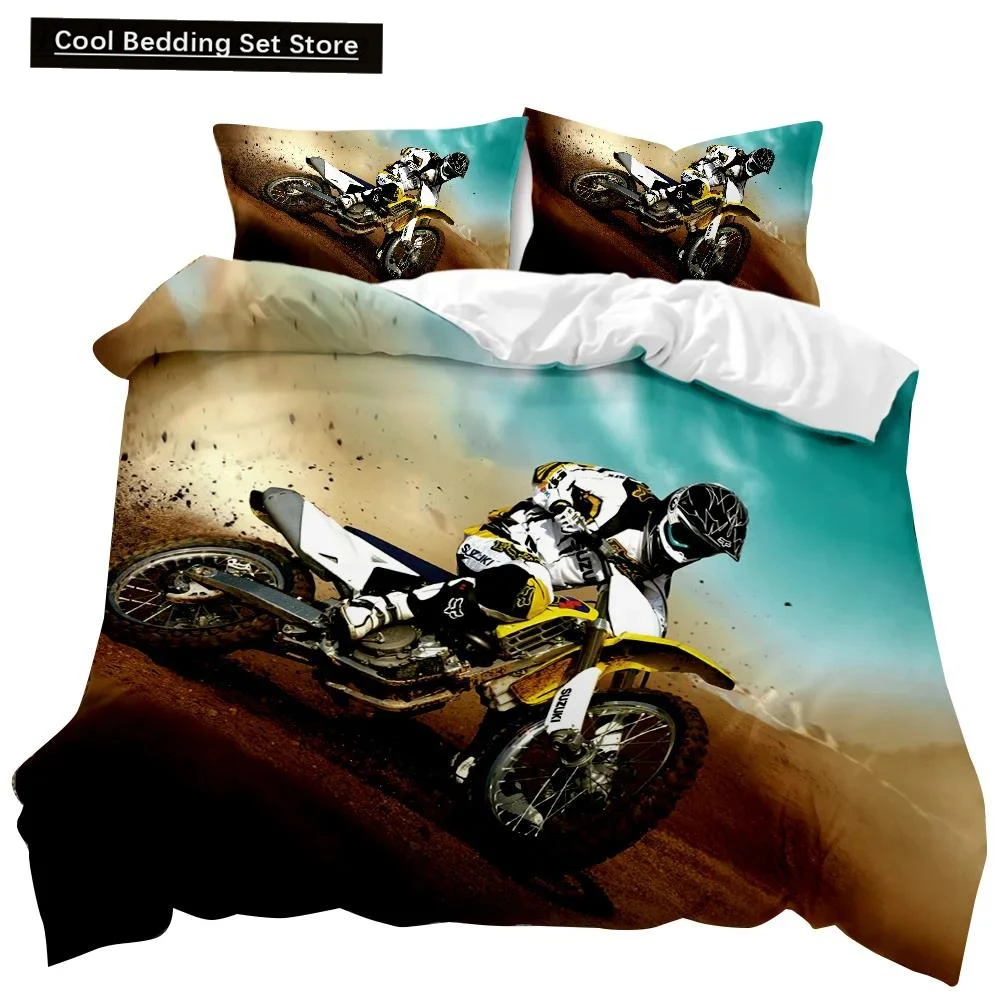 Motorbike Duvet Cover Motocross Rider Teens Racing Motorcycle Dirt Bike Motorbike Vehicles Extreme Sports Polyester Quilt Cover