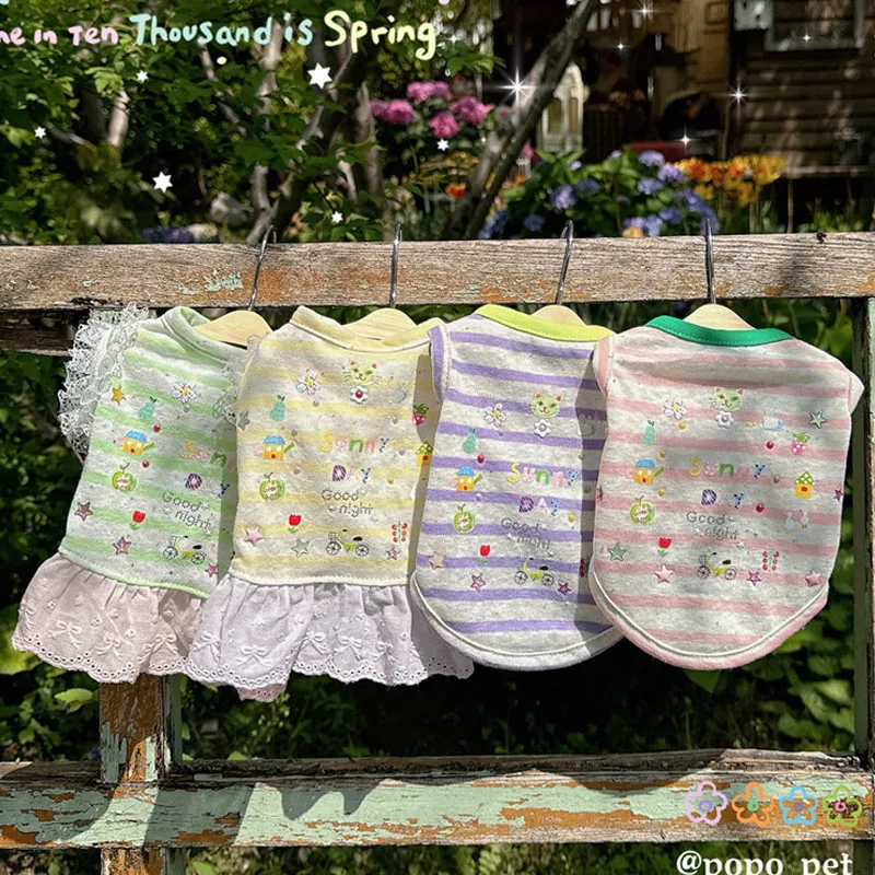 

2026 Summer Puppy Dog Cats Vest Skirts Fashion Print Stripe Cotton Casual Dress For Small Medium Dog Poodle Pet Clothes Overalls