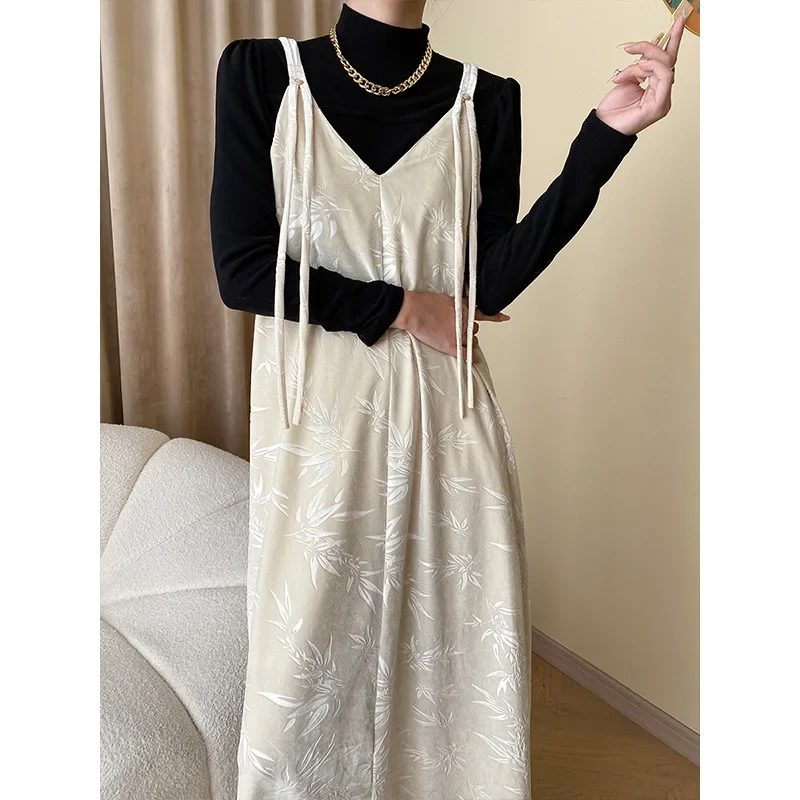 

Bamboo Jacquard Elegant Velvet Bottoming Sling Dress Women Vintage Basic French Chic High Quality Long Sleeveless Female Dress