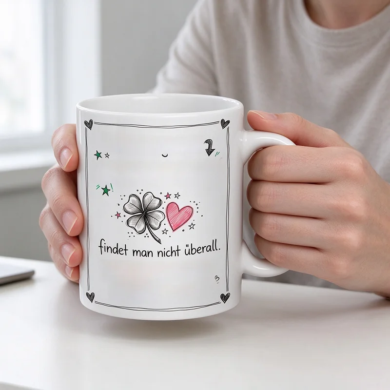 Sketch Style Four Leaf Clover Pink Heart German Quote Ceramic Mug Lucky Blessing Coffee Cup Birthday Friendship Gift Water Cup