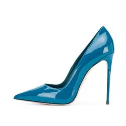 Arden Furtado Autumn Royal Blue Patent Leather high-heeled shoes Pointed toe Shallow Super high heel Office lady Single shoe