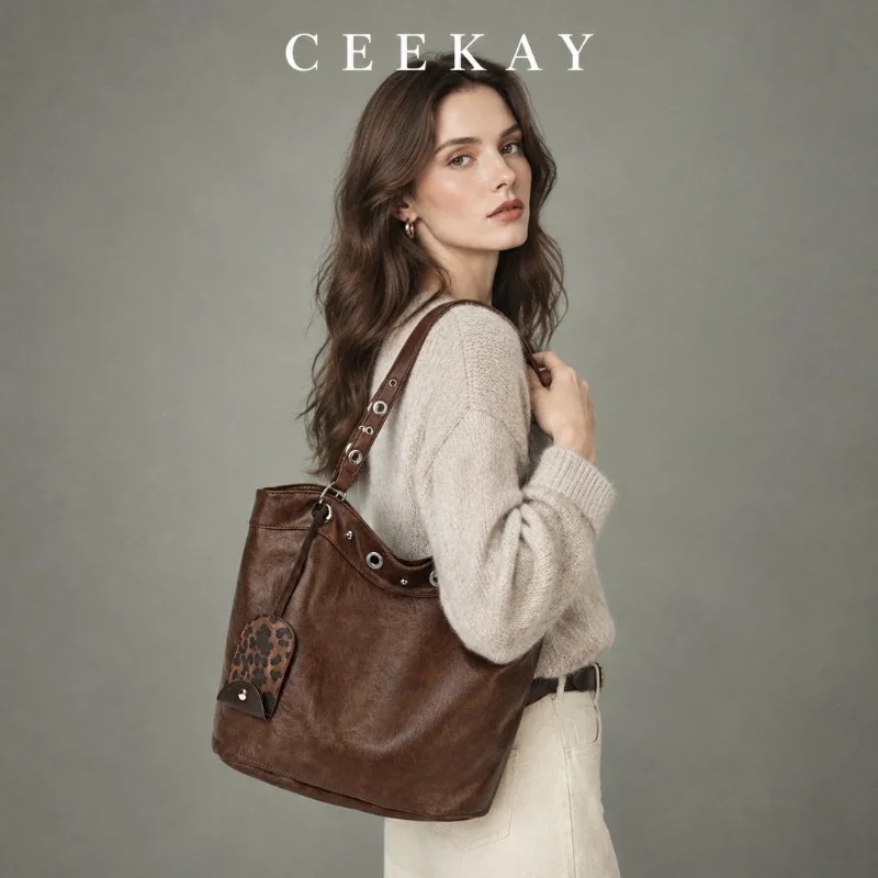 CEEKAY Glossy Leather Bucket Bag Grommet Trim Leopard Charm Single Strap All-Match Daily Use Roomy Elegant Chic for Women
