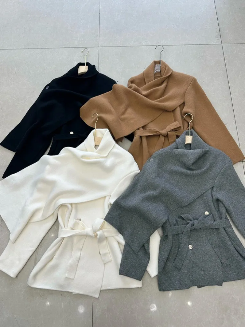 

Женский вязаный свитер, свободное пальто с шарфом и воротником, с поясом на талии, с небольшим Fraance, модное весенне-осенне-зимнее пальто