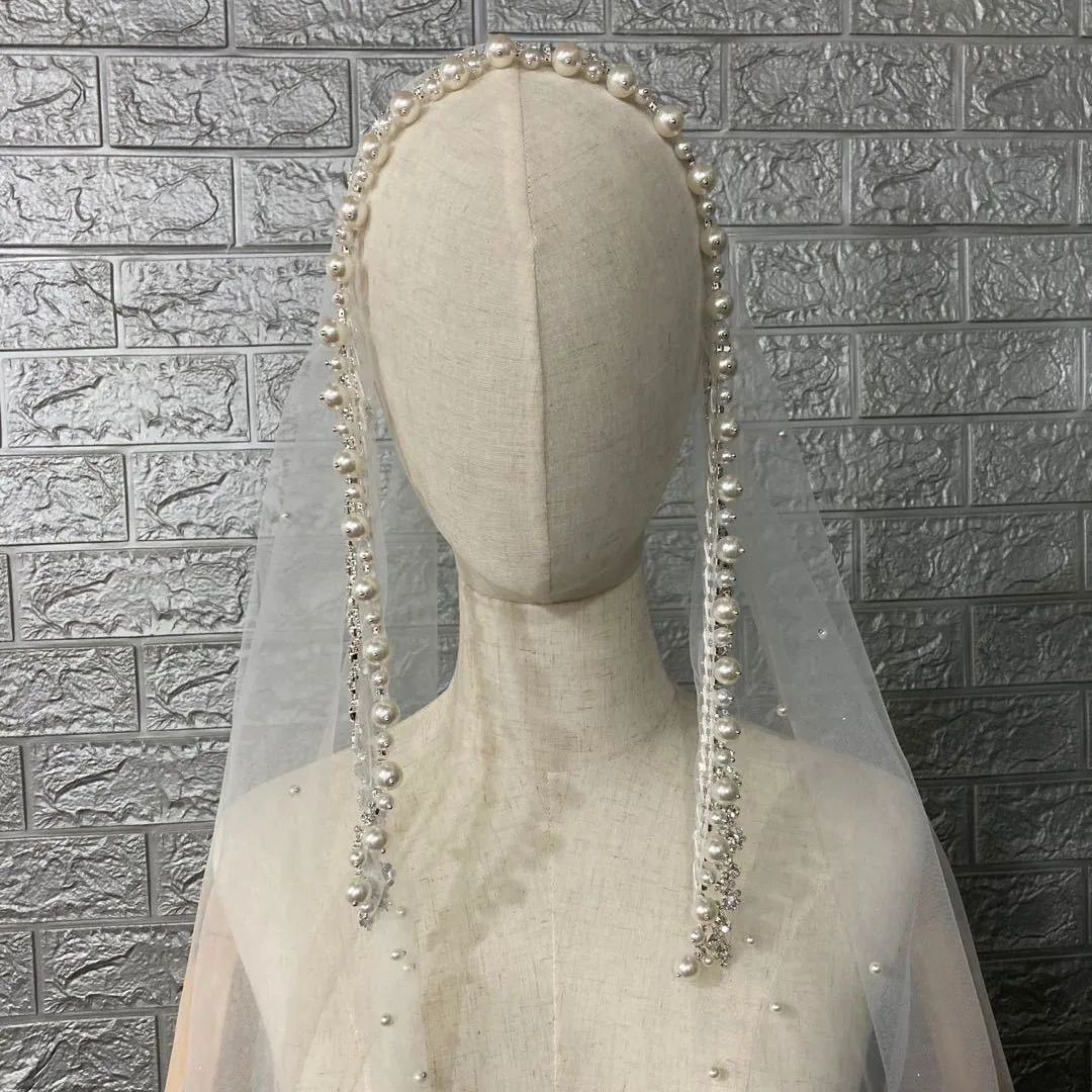 

3 Meters Long and 3 Meters Wide Pearl Rhinestone Bride Wedding Veil White Long Photo Modeling Travel Photography Handmade