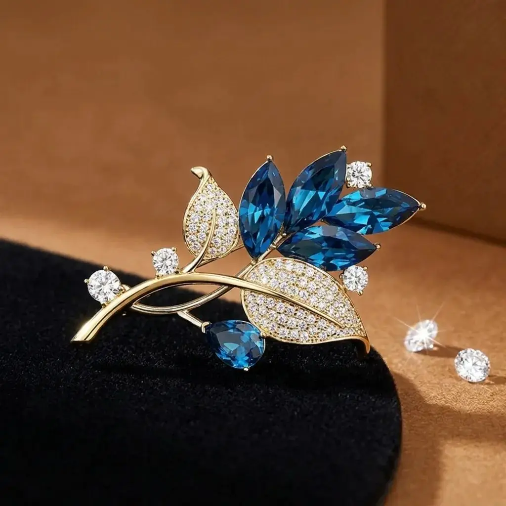 Charming Elegant Lake Blue Zircon Leaf Brooch For Women Men Fashion Plant Crystal Pin Jewelry Festival Gift Party Office Decor