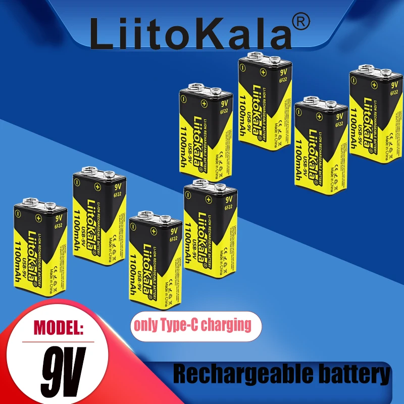 

8PCS LiitoKala 9V 1100mAh Lithium Rechargeable Battery USB Charging 9v Li-ion Square Batteries for Walkie-talkie KTV-microphone