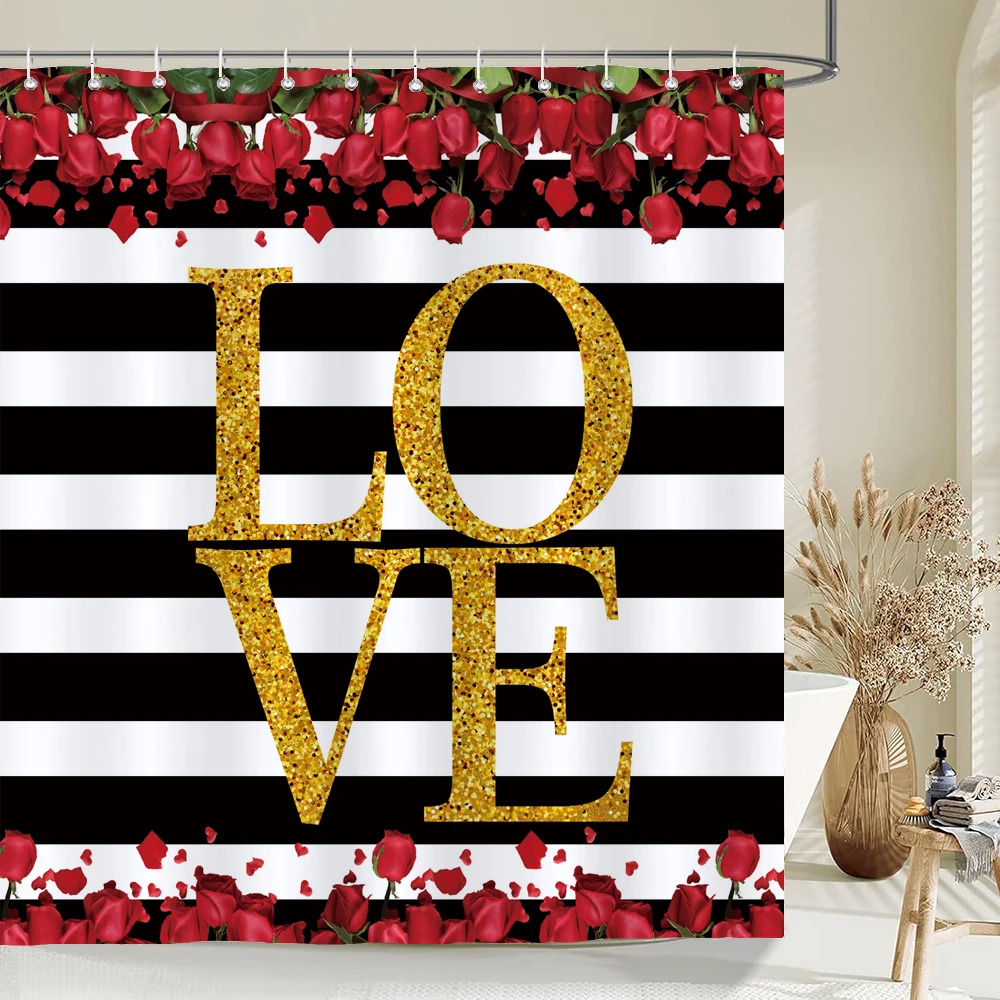 

Love Red Rose Shower Curtain Bath Screen Waterproof Fabric Bathroom Decor Large Size 240X180 Valentine's Day Shower Curtains