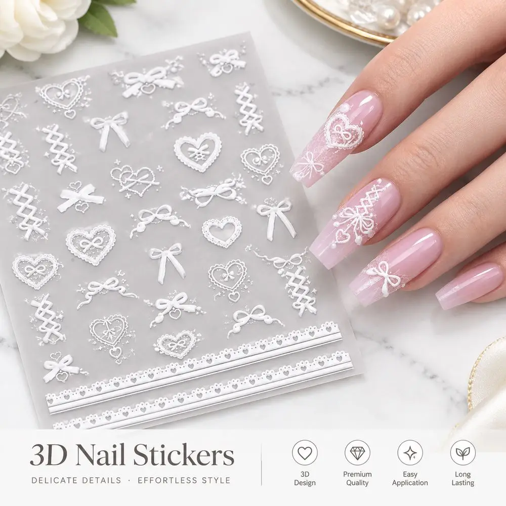 Y2K White Lace Nail Stickers Corset Bow Heart Embossed Self Adhesive Decals Club Party Trendy Style Nail Decor for Women
