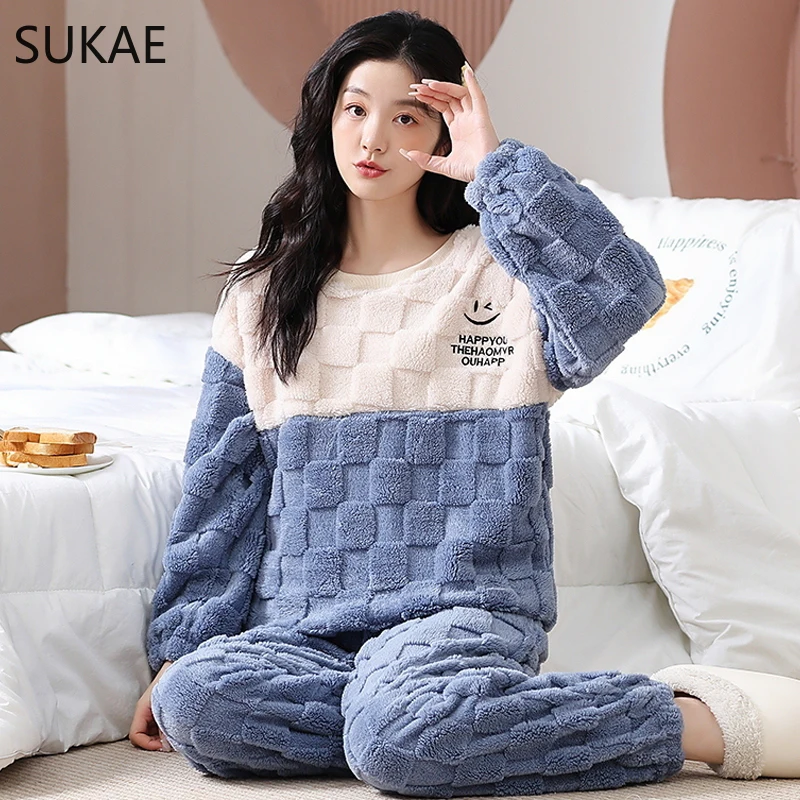 

SUKAE Fashion Women Winter Thermal Pajama Set Plus Size M-5XL Big Teddy Sleepwear for Girl Leisure Long Sleeves Fluffy Nightwear