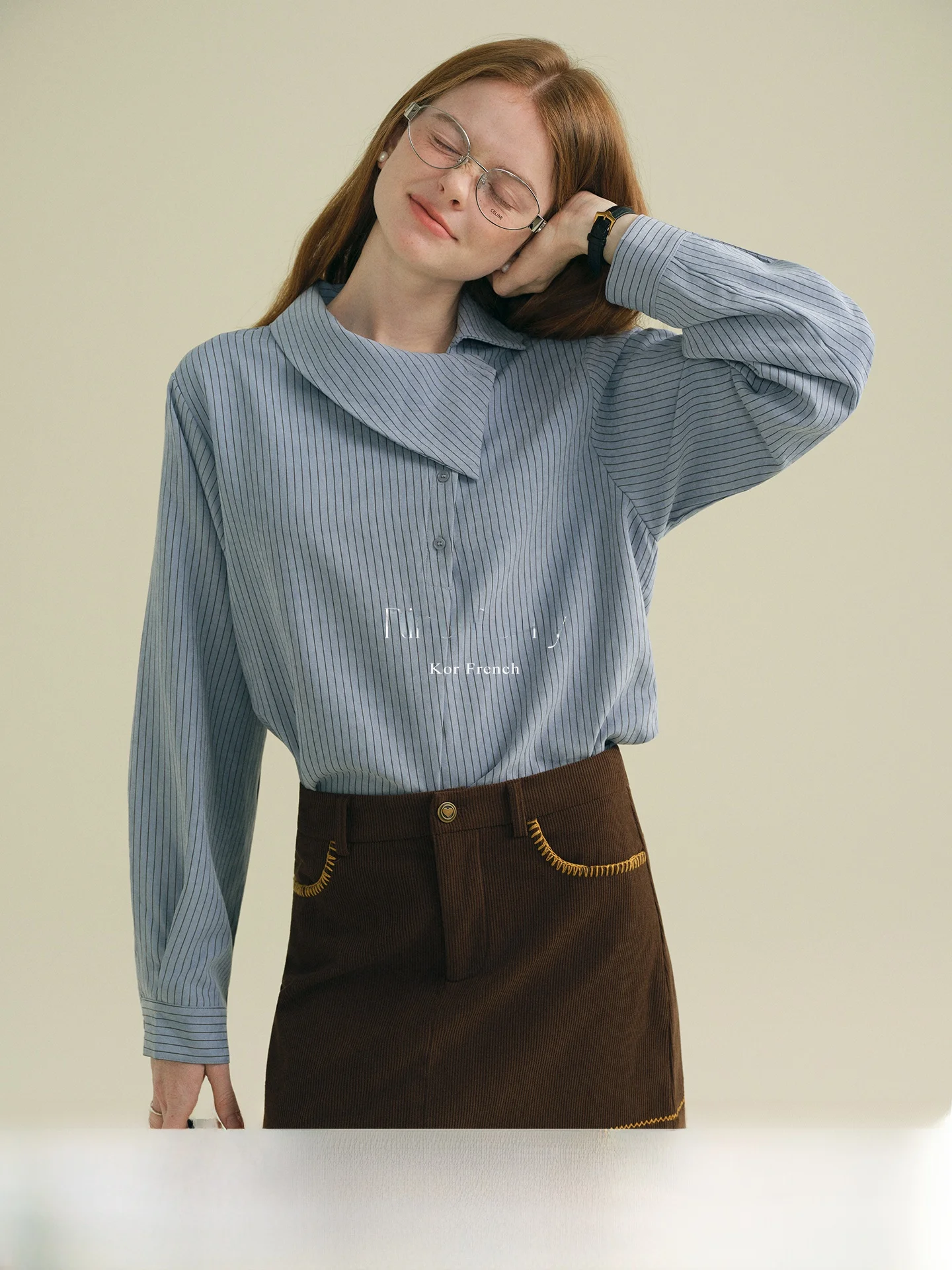 

Rina Berry Versatile High Collar Two Color Design Sense Gentle Spring Long Sve Striped irt Casual Sle Loose Fit Women'...