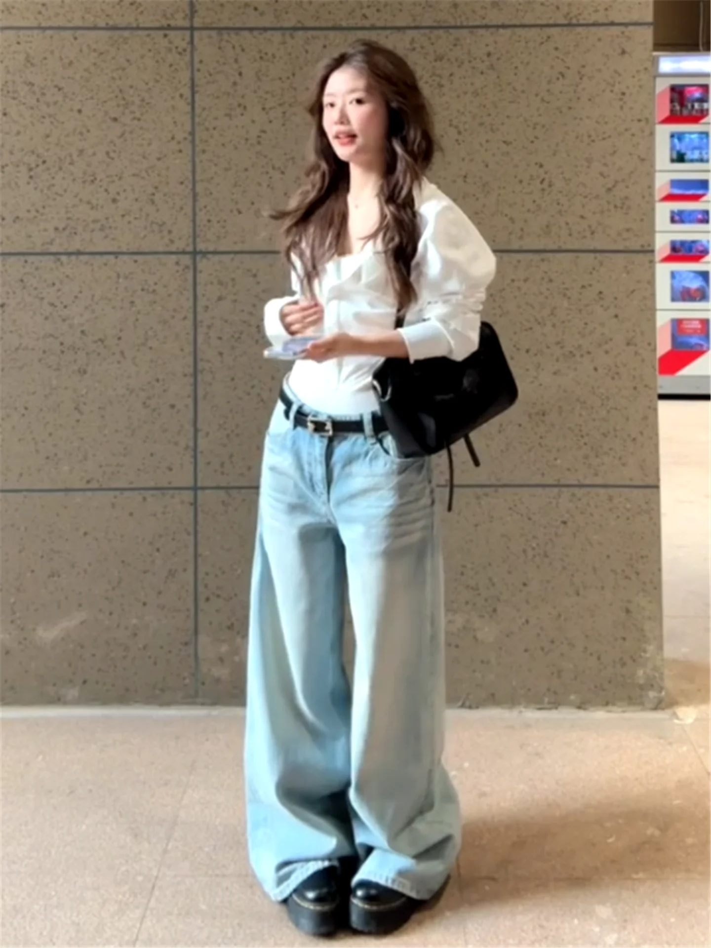 

American High Street Light Blue Wide Leg Jeans Women's Loose Drapey Tall Extended Straight Tube Floor-Length Pants