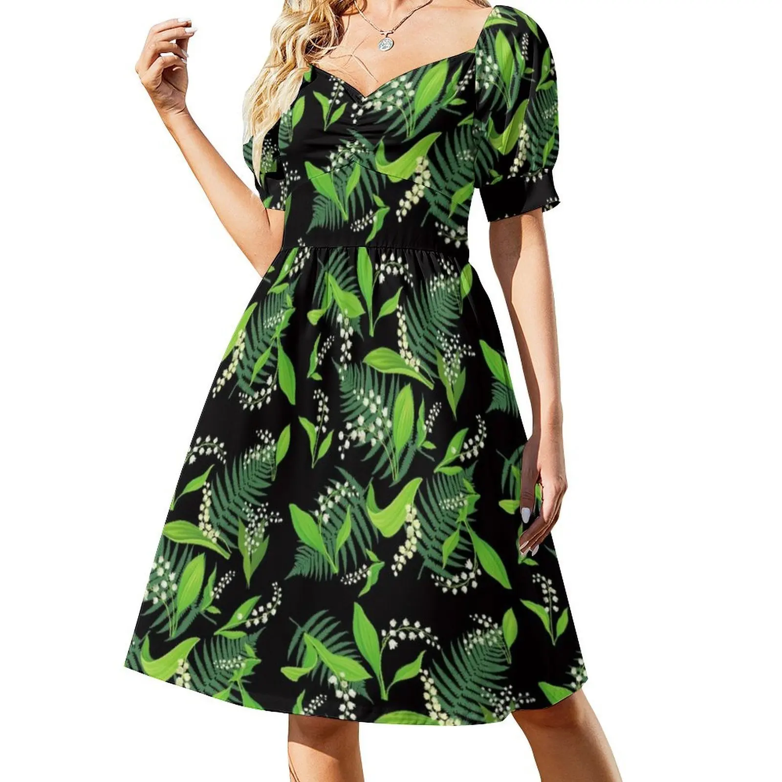 فستان قصير من زنابق الوادي على طراز بريبي للنساء على شكل حرف a فضفاض مناسب فستان يوم غير رسمي زهرة الزنبق والزهور وأوراق الشجر