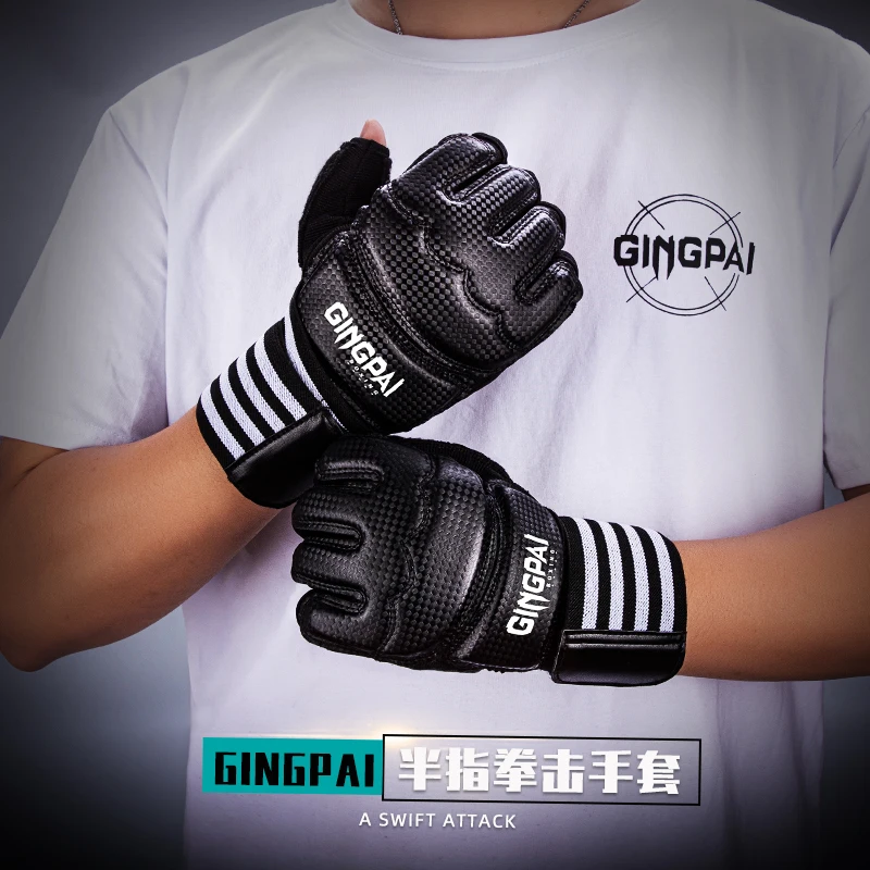 Black Thick Boxing Gloves MMA Gloves Half finger Sanda Taekwondo Fight MMA Sandbag Gloves Professional TKD Training Equipment