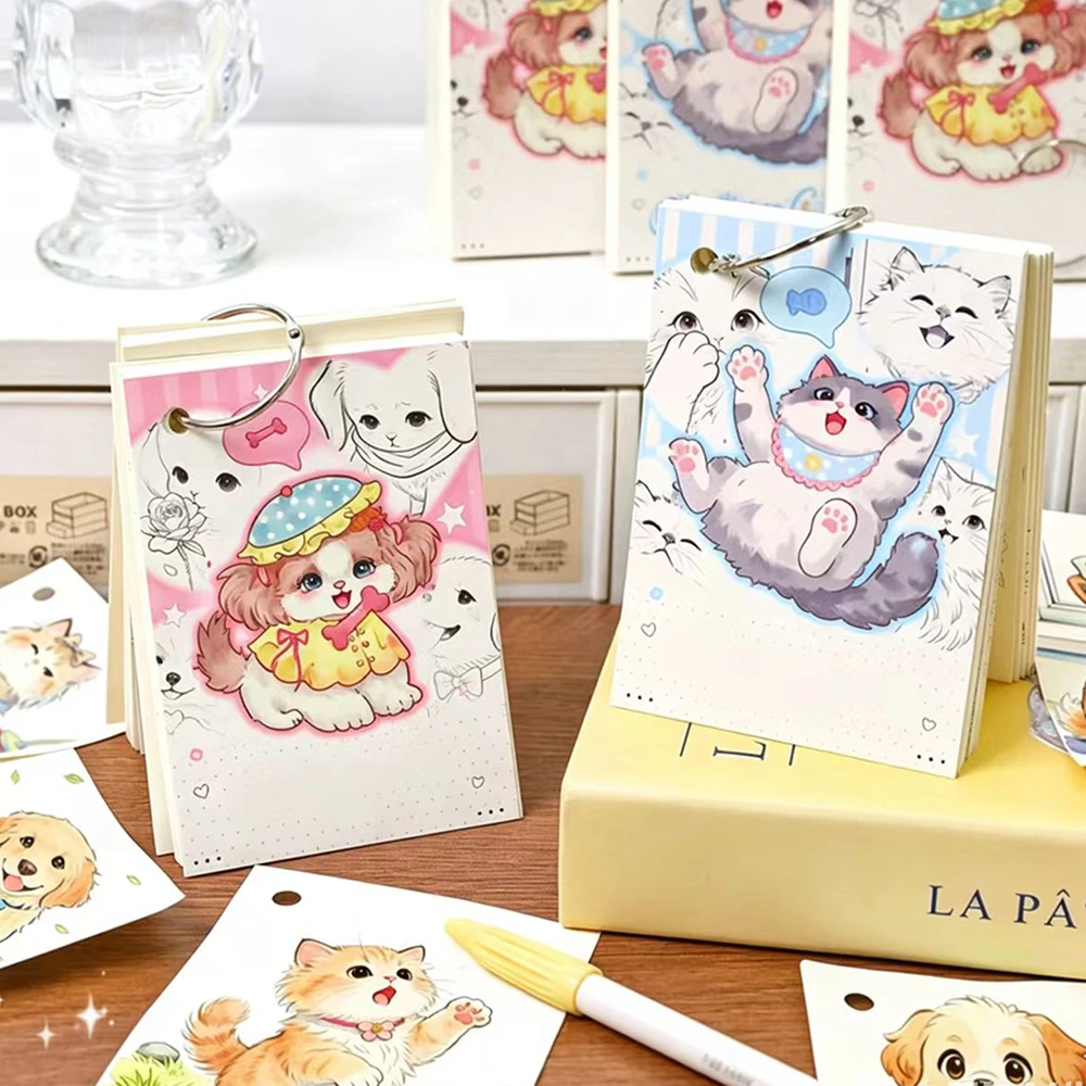70 Sheets Cartoon copy line coloring book, mini loose leaf cute cat and dog sketchbook, student DIY coloring book