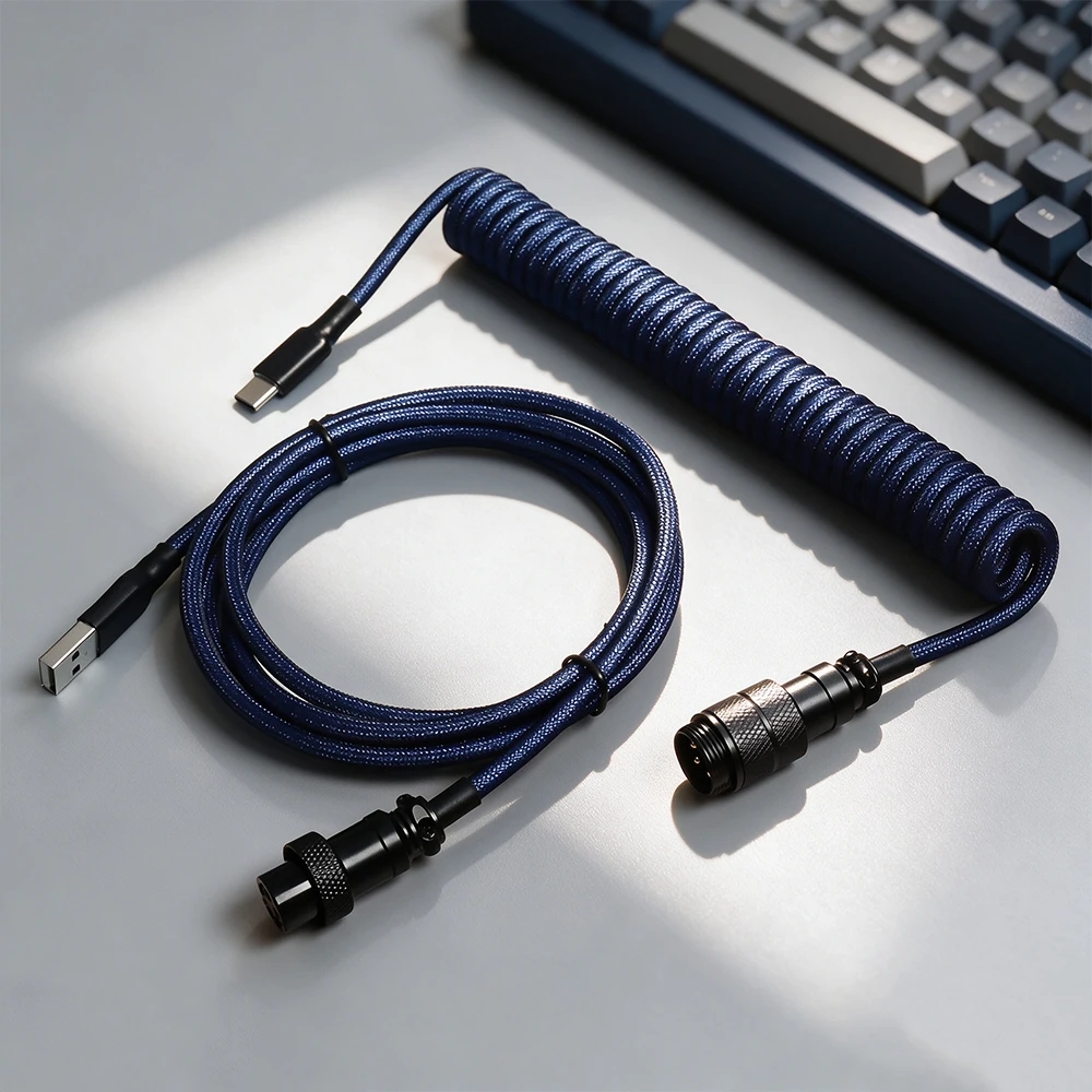 メカニカルキーボード用コイルケーブル-usb-to-type-c-保護ロッド付きコイルキーボードケーブル--濃いオレンジ色、緑がかったオレンジ色、紫がかった緑色