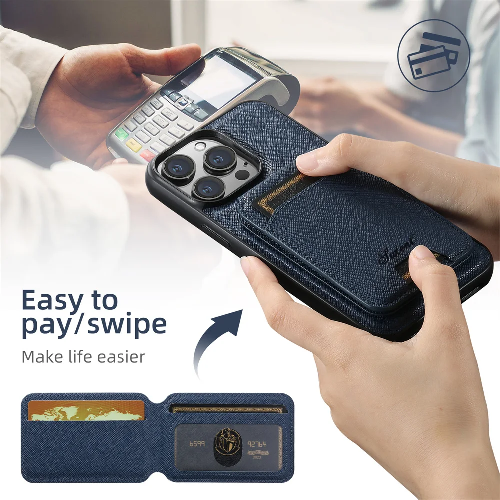 SUTENI 크로스 패턴 가죽 탈착식 카드 가방 지갑 케이스, 아이폰 15 프로 맥스 12 13 14 프로 16 플러스 무선 충전 커버